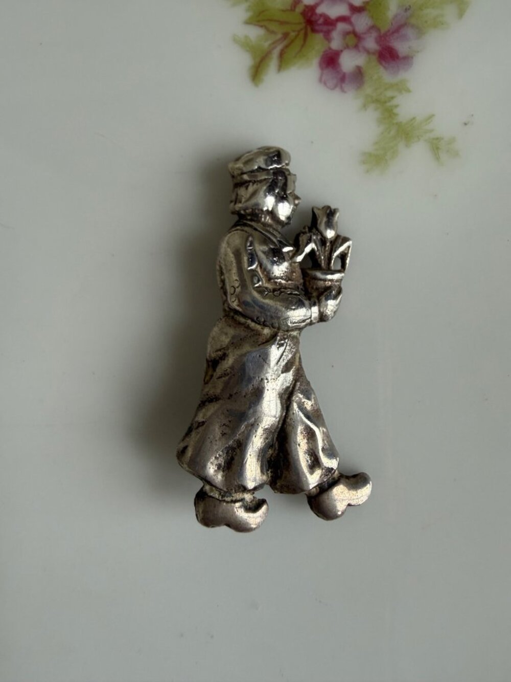 Vintage 1940s Cast Sterling Silver Small Brooch Dutch Holland Boy with Tulips